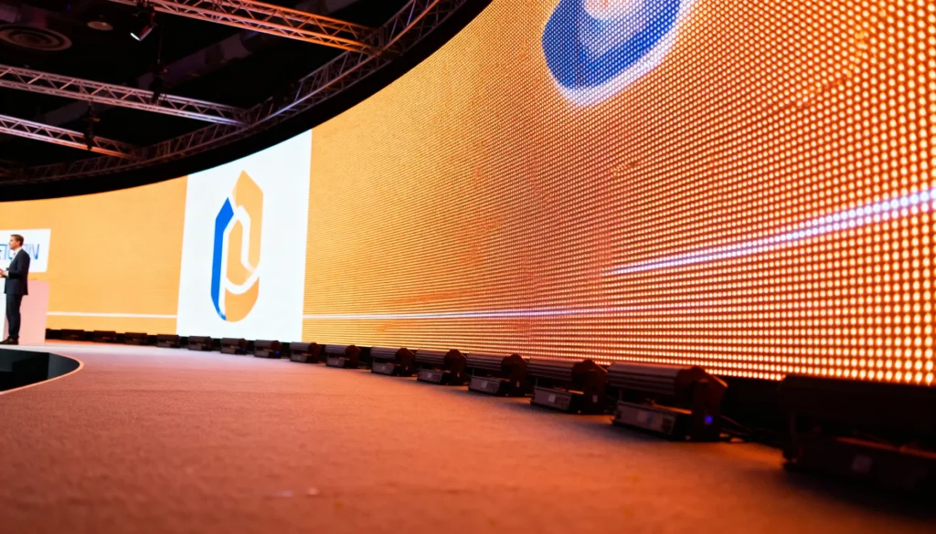 Montaje espectacular de pantalla LED gigante curva en escenario de evento corporativo en IFEMA Madrid